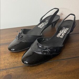 Salvatore Ferragamo Black Patent Toe Slingback Heels 9 2A Lace up Bows